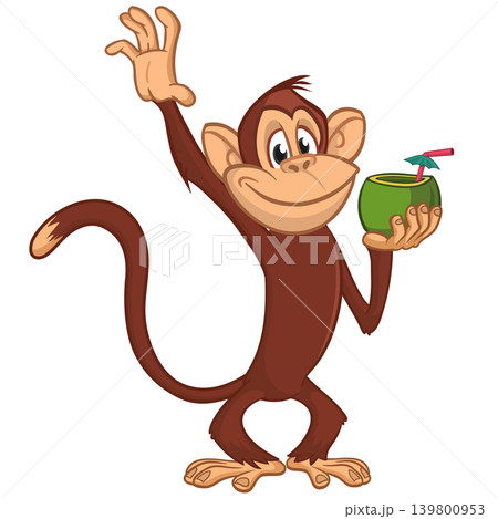 Cartoon funny monkey chimpanzee holding green coconut cocktail. Vector illustration isolated on white Cartoon funny monkey chimpanzee holding green coconut cocktail. Vector illustration isolated on white 139800953