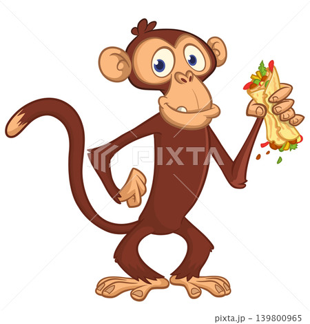 Cartoon funny monkey chimpanzee holding falafel or kebab in his hands. Vector illustration of happy monkey character design isolated. Cartoon funny monkey chimpanzee holding falafel or kebab in his hands. Vector illustration of happy monkey character design isolated. 139800965