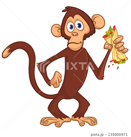 Cartoon funny monkey chimpanzee holding falafel or kebab in his hands. Vector illustration of happy monkey character design isolated. Cartoon funny monkey chimpanzee holding falafel or kebab in his hands. Vector illustration of happy monkey character design isolated. 139800971