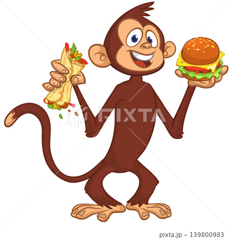 Cartoon funny monkey chimpanzee holding falafel or kebab and hamburger in his hands. Vector illustration of happy monkey character design isolated. Cartoon funny monkey chimpanzee holding falafel or kebab and hamburger in his hands. Vector illustration of happy monkey character design isolated. 139800983