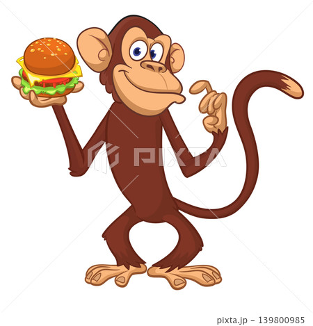 Cartoon funny monkey chimpanzee holding hamburger or cheesburger in his hands. Vector illustration of happy monkey character design isolated. 139800985