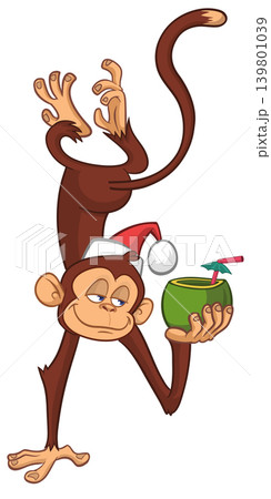 Cartoon funny monkey chimpanzee holding green coconut cocktail and hanging upside down in Santa Hat. Christmas vector illustration Cartoon funny monkey chimpanzee holding green coconut cocktail and hanging upside down in Santa Hat. Christmas vector illustration 139801039