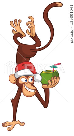 Cartoon funny monkey chimpanzee holding green coconut cocktail and hanging upside down in Santa Hat. Christmas vector illustration Cartoon funny monkey chimpanzee holding green coconut cocktail and hanging upside down in Santa Hat. Christmas vector illustration 139801041