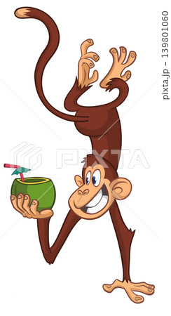 Cartoon funny monkey chimpanzee holding green coconut cocktail and hanging upside down. Vector illustration 139801060