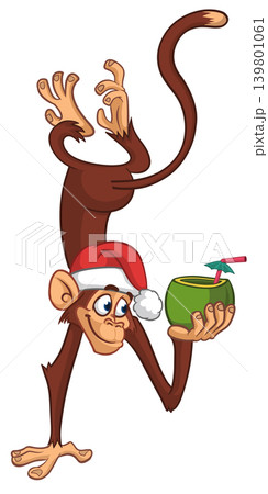 Cartoon funny monkey chimpanzee holding green coconut cocktail and hanging upside down in Santa Hat. Christmas vector illustration Cartoon funny monkey chimpanzee holding green coconut cocktail and hanging upside down in Santa Hat. Christmas vector illustration 139801061