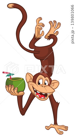 Cartoon funny monkey chimpanzee holding green coconut cocktail and hanging upside down. Vector illustration 139801066