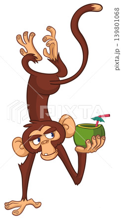 Cartoon funny monkey chimpanzee holding green coconut cocktail and hanging upside down. Vector illustration 139801068