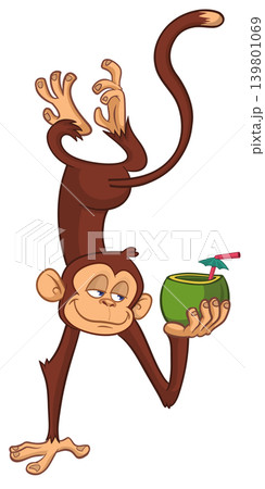 Cartoon funny monkey chimpanzee holding green coconut cocktail and hanging upside down. Vector illustration Cartoon funny monkey chimpanzee holding green coconut cocktail and hanging upside down. Vector illustration 139801069