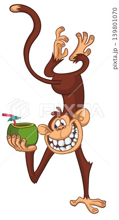 Cartoon funny monkey chimpanzee holding green coconut cocktail and hanging upside down. Vector illustration Cartoon funny monkey chimpanzee holding green coconut cocktail and hanging upside down. Vector illustration 139801070