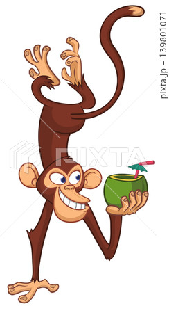 Cartoon funny monkey chimpanzee holding green coconut cocktail and hanging upside down. Vector illustration Cartoon funny monkey chimpanzee holding green coconut cocktail and hanging upside down. Vector illustration 139801071