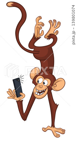 Cartoon funny monkey chimpanzee making selfie with the smartphone. Vector illustration isolated on white 139801074