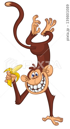 Cartoon funny monkey chimpanzee with banana in his hand. Vector illustration isolated on white 139801089