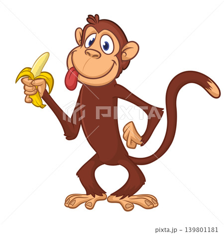 Cartoon funny monkey chimpanzee with banana in his hand. Vector illustration isolated on white Cartoon funny monkey chimpanzee with banana in his hand. Vector illustration isolated on white 139801181