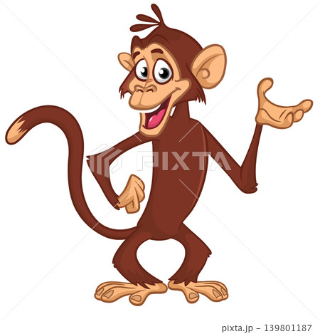 Cartoon funny brown monkey chimpanzee standing. Vector illustration isolated on white Cartoon funny brown monkey chimpanzee standing. Vector illustration isolated on white 139801187