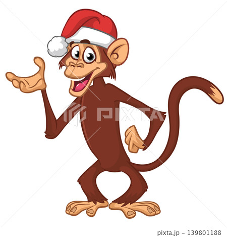 Cartoon funny brown monkey chimpanzee wearing Santa hat. Vector illustration for Christmas or New Year party 139801188