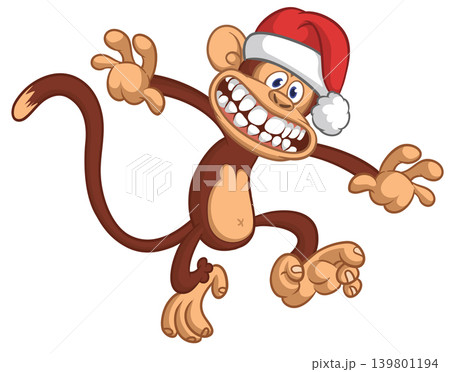Cartoon funny brown monkey chimpanzee wearing Santa hat. Vector illustration for Christmas or New Year party Cartoon funny brown monkey chimpanzee wearing Santa hat. Vector illustration for Christmas or New Year party 139801194