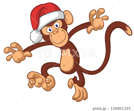 Cartoon funny brown monkey chimpanzee wearing Santa hat. Vector illustration for Christmas or New Year party Cartoon funny brown monkey chimpanzee wearing Santa hat. Vector illustration for Christmas or New Year party 139801195