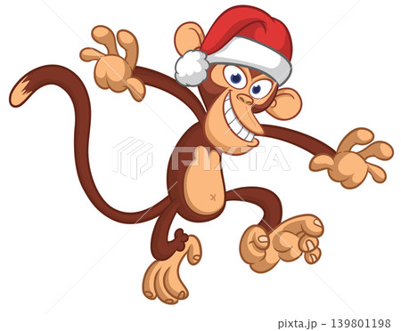 Cartoon funny brown monkey chimpanzee wearing Santa hat. Vector illustration for Christmas or New Year party Cartoon funny brown monkey chimpanzee wearing Santa hat. Vector illustration for Christmas or New Year party 139801198