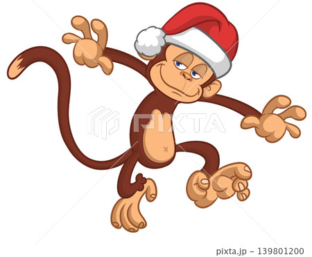 Cartoon funny brown monkey chimpanzee wearing Santa hat. Vector illustration for Christmas or New Year party 139801200