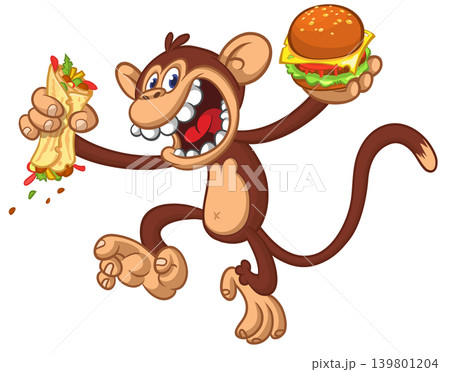 Cartoon funny monkey chimpanzee holding hamburger or cheeseburger or falafel in his hands. Vector illustration of happy monkey character design isolated. Cartoon funny monkey chimpanzee holding hamburger or cheeseburger or falafel in his hands. Vector illustration of happy monkey character design isolated. 139801204