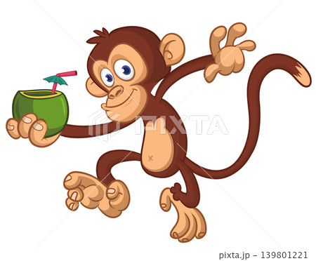 Cartoon funny monkey chimpanzee holding green coconut cocktail. Vector illustration isolated on white Cartoon funny monkey chimpanzee holding green coconut cocktail. Vector illustration isolated on white 139801221