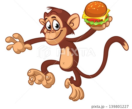 Cartoon funny monkey chimpanzee holding hamburger or cheeseburger or falafel in his hands. Vector illustration of happy monkey character design isolated. Cartoon funny monkey chimpanzee holding hamburger or cheeseburger or falafel in his hands. Vector illustration of happy monkey character design isolated. 139801227