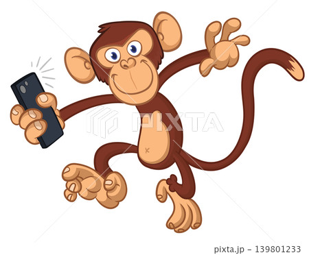 Cartoon funny monkey chimpanzee making selfie with the smartphone. Vector illustration isolated on white Cartoon funny monkey chimpanzee making selfie with the smartphone. Vector illustration isolated on white 139801233