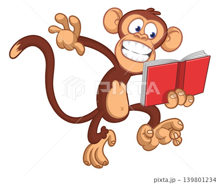 Cartoon funny brown monkey chimpanzee reading the book. Vector illustration isolated on white Cartoon funny brown monkey chimpanzee reading the book. Vector illustration isolated on white 139801234