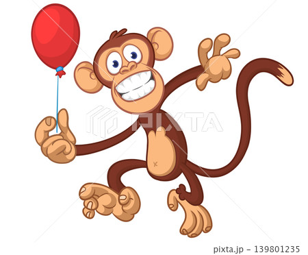 Cartoon funny brown monkey chimpanzee holding red balloon for party. Vector illustration isolated on white Cartoon funny brown monkey chimpanzee holding red balloon for party. Vector illustration isolated on white 139801235