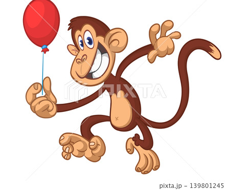 Cartoon funny brown monkey chimpanzee holding red balloon for party. Vector illustration isolated on white Cartoon funny brown monkey chimpanzee holding red balloon for party. Vector illustration isolated on white 139801245