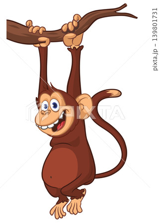 Cartoon funny brown monkey chimpanzee hanging from the wood branch. Vector illustration isolated on white 139801731