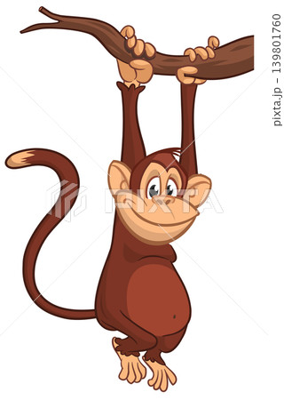 Cartoon funny brown monkey chimpanzee hanging from the wood branch. Vector illustration isolated on white Cartoon funny brown monkey chimpanzee hanging from the wood branch. Vector illustration isolated on white 139801760