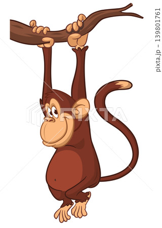 Cartoon funny brown monkey chimpanzee hanging from the wood branch. Vector illustration isolated on white Cartoon funny brown monkey chimpanzee hanging from the wood branch. Vector illustration isolated on white 139801761