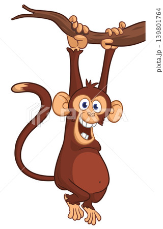 Cartoon funny brown monkey chimpanzee hanging from the wood branch. Vector illustration isolated on white Cartoon funny brown monkey chimpanzee hanging from the wood branch. Vector illustration isolated on white 139801764