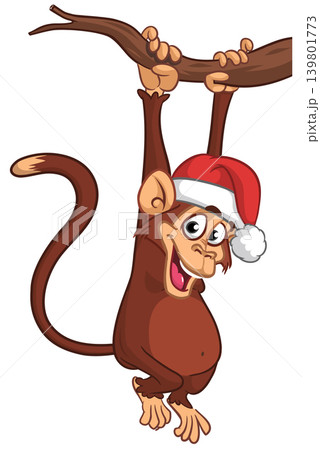 Cartoon funny brown monkey chimpanzee hanging from the wood branch. Vector illustration isolated on white 139801773