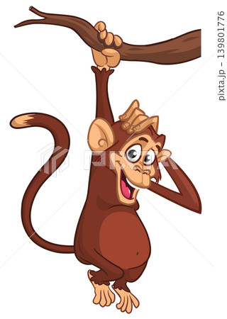 Cartoon funny brown monkey chimpanzee hanging from the wood branch. Vector illustration isolated on white Cartoon funny brown monkey chimpanzee hanging from the wood branch. Vector illustration isolated on white 139801776