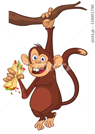 Cartoon funny monkey chimpanzee holding falafel or kebab in his hands. Vector illustration of happy monkey character design isolated. Cartoon funny monkey chimpanzee holding falafel or kebab in his hands. Vector illustration of happy monkey character design isolated. 139801790