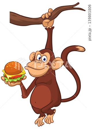 Cartoon funny monkey chimpanzee holding hamburger or cheeseburger in his hands. Vector illustration of happy monkey character design isolated. 139801806