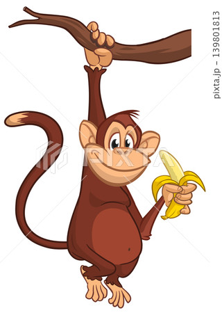 Cartoon funny monkey chimpanzee with banana in his hand. Vector illustration outlined isolated on white Cartoon funny monkey chimpanzee with banana in his hand. Vector illustration outlined isolated on white 139801813