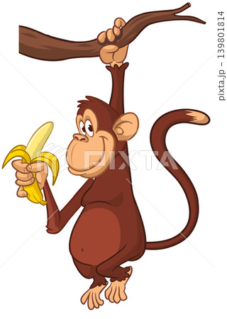 Cartoon funny monkey chimpanzee with banana in his hand. Vector illustration outlined isolated on white 139801814