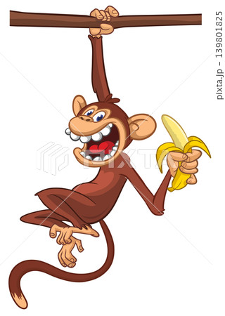 Cartoon funny brown monkey chimpanzee hanging from the wood branch. Vector illustration isolated on white Cartoon funny brown monkey chimpanzee hanging from the wood branch. Vector illustration isolated on white 139801825