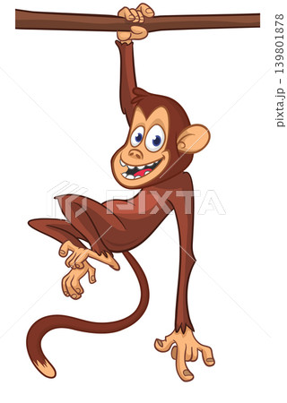 Cartoon funny brown monkey chimpanzee hanging from the wood branch. Vector illustration isolated on white Cartoon funny brown monkey chimpanzee hanging from the wood branch. Vector illustration isolated on white 139801878