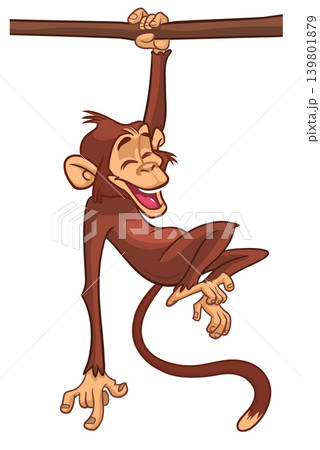 Cartoon funny brown monkey chimpanzee hanging from the wood branch. Vector illustration isolated on white 139801879