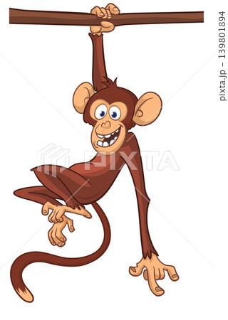 Cartoon funny brown monkey chimpanzee hanging from the wood branch. Vector illustration isolated on white Cartoon funny brown monkey chimpanzee hanging from the wood branch. Vector illustration isolated on white 139801894