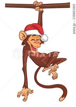 Cartoon funny brown monkey chimpanzee hanging from the wood branch. Vector illustration isolated on white Cartoon funny brown monkey chimpanzee hanging from the wood branch. Vector illustration isolated on white 139801902