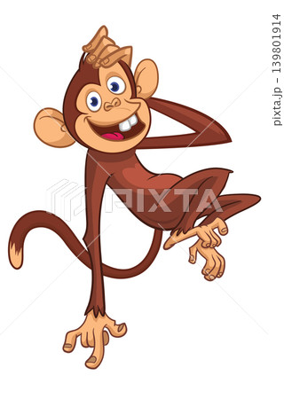Cartoon funny brown monkey chimpanzee hanging from the wood branch. Vector illustration isolated on white Cartoon funny brown monkey chimpanzee hanging from the wood branch. Vector illustration isolated on white 139801914