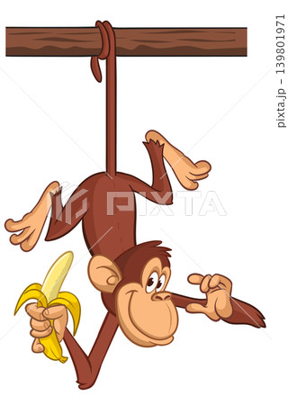 Cartoon funny brown monkey chimpanzee hanging from the wood branch holding banana. Vector illustration isolated on white Cartoon funny brown monkey chimpanzee hanging from the wood branch holding banana. Vector illustration isolated on white 139801971