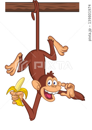 Cartoon funny brown monkey chimpanzee hanging from the wood branch holding banana. Vector illustration isolated on white Cartoon funny brown monkey chimpanzee hanging from the wood branch holding banana. Vector illustration isolated on white 139801974