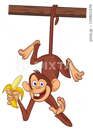 Cartoon funny brown monkey chimpanzee hanging from the wood branch holding banana. Vector illustration isolated on white Cartoon funny brown monkey chimpanzee hanging from the wood branch holding banana. Vector illustration isolated on white 139801976