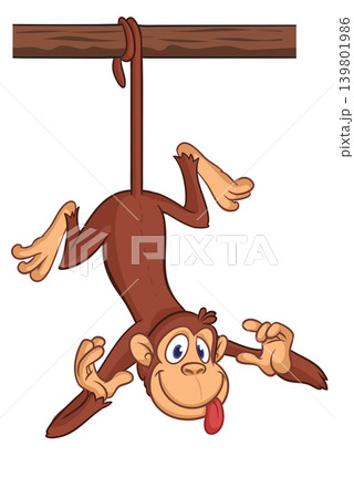 Cartoon funny brown monkey chimpanzee hanging from the wood branch. Vector illustration isolated on white 139801986